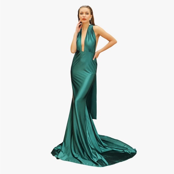 Miss Ord V Neck Plunge Halter Dress Gown Hunter Green Sz XS NWT Tie Back - Picture 1 of 7
